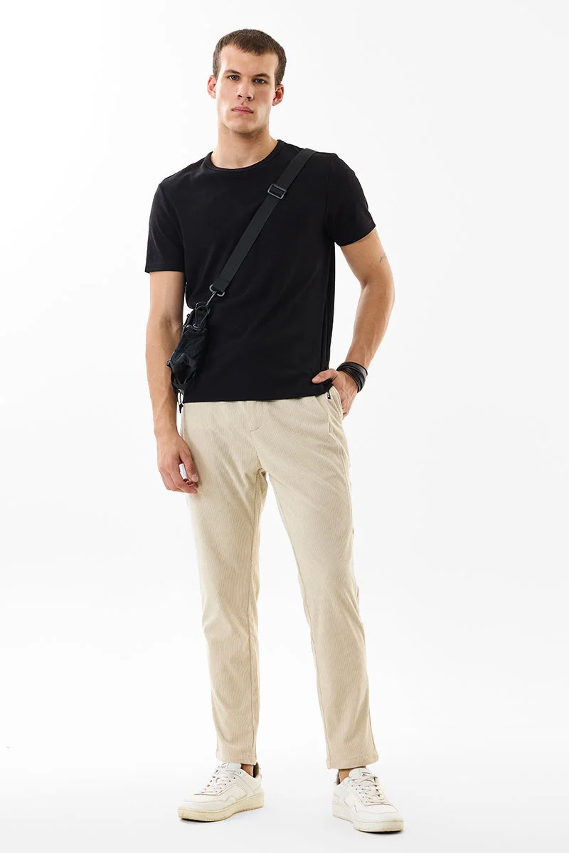 سنيتش Beige Ribbed Slim Fit Casual Trousers