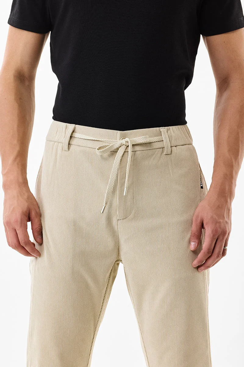 سنيتش Beige Ribbed Slim Fit Casual Trousers