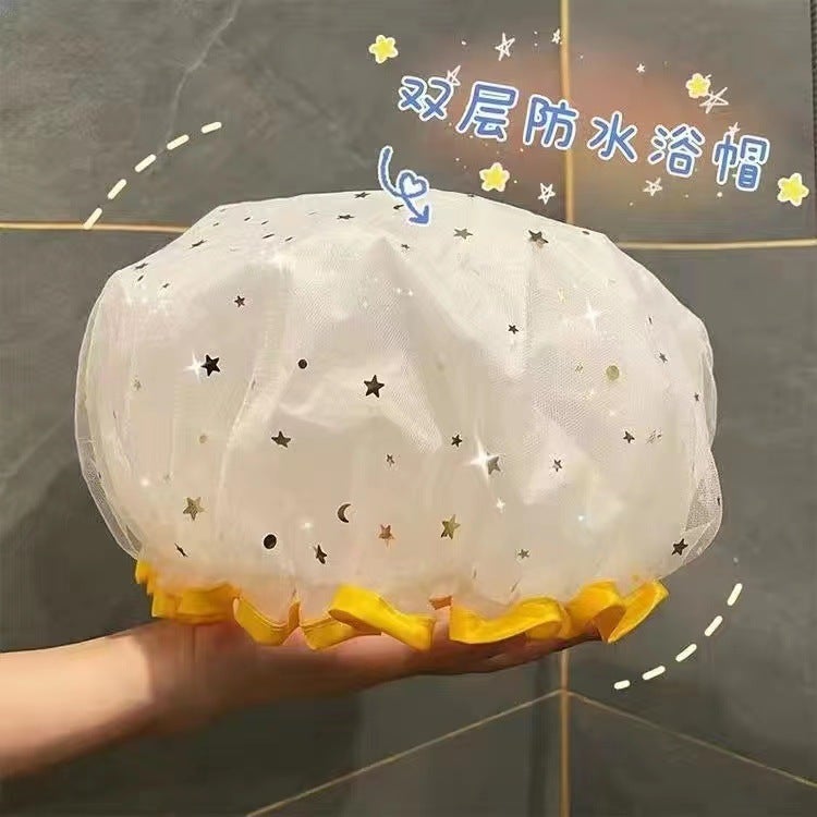 Shower Cap Womens Waterproof Bathing Household Special Makeup Kitchen Fume Dust-proof Headgear Adult Thickened Headgear Star Gold 