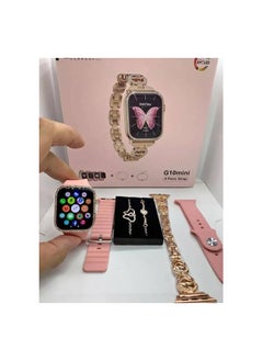 A women's watch with 4 interchangeable shoes + 2 gift bracelets, featuring the G10 MINI watch 42mm AMOLED screen 4 replacement bands + 2 gift bracelets Make phone calls directly from the watch. Receive notifications from different applications. Heart rate monitoring. Track sports activities. Measuring body temperature. Audio control. Find the phone. Alerts. Stopwatch. Pedometer. Calorie counter. water resistant. Voice assistant. The watch supports the Arabic language. Elegant and modern design