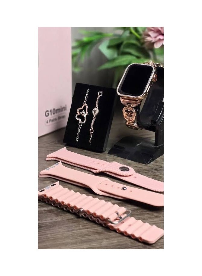 Haino Teko - A women's watch with 4 interchangeable shoes + 2 gift bracelets, featuring the G10 MINI watch 42mm AMOLED screen 4 replacement bands + 2 gift bracelets Make phone calls directly from the watch. Receive notifications from different applications. Heart rate monitoring. Track sports activities. Measuring body temperature. Audio control. Find the phone. Alerts. Stopwatch. Pedometer. Calorie counter. water resistant. Voice assistant. The watch supports the Arabic language. Elegant and modern design - Image 1