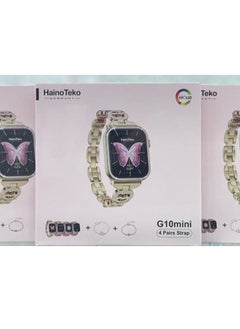 Haino Teko A women's watch with 4 interchangeable shoes + 2 gift bracelets, featuring the G10 MINI watch 42mm AMOLED screen 4 replacement bands + 2 gift bracelets Make phone calls directly from the watch. Receive notifications from different applications. Heart rate monitoring. Track sports activities. Measuring body temperature. Audio control. Find the phone. Alerts. Stopwatch. Pedometer. Calorie counter. water resistant. Voice assistant. The watch supports the Arabic language. Elegant and modern design  - Image 4