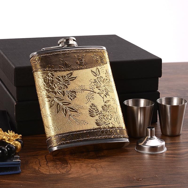 IVYRISE jettaex Golden pattern 8 Oz Gift 100% Stainless Steel(304/18-8 SS).Bonus 2 Shot Glass+1Funnel+1Giftbox.Flask Leak Proof Tested.Flask for Liquor/Alcohol.Flask for Men/Women - Image 3