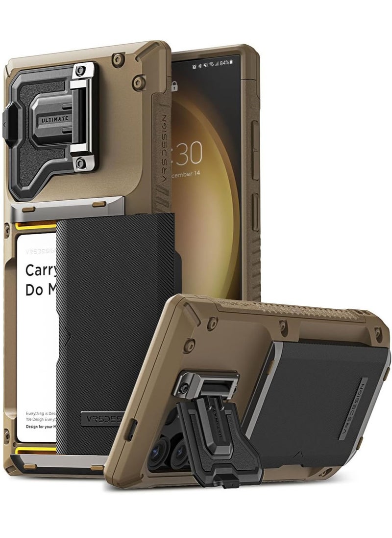 VRS Design Damda Glide Duo Guard Samsung Galaxy S23 ULTRA Case Cover Wallet with Semi Automatic Credit Card Holder Slot [4 Cards] & Camera Lens Protector Kickstand - Khaki Groove  - Image 1