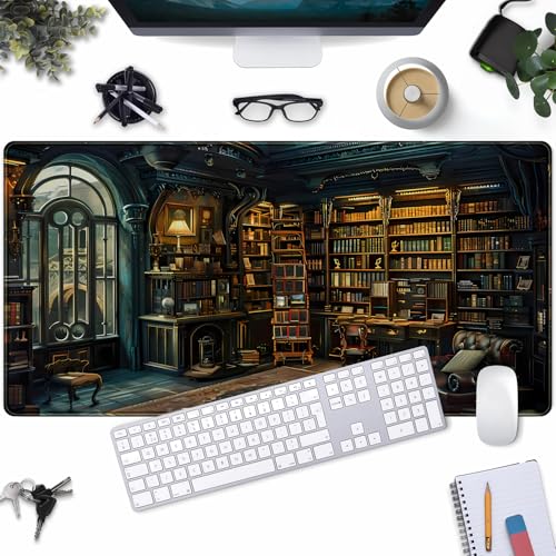 YKJWW Dark Gothic Desk Mat Gaming Desk Pad Large Mouse Pad, Magician'S Fantasy Bookcase Gothic Mouse Mat XXL Laptop Keyboard Pad, Laptop Keyboard and Mouse Mat Desktop Protector Mat 31.5 X 15.7 in - Image 1