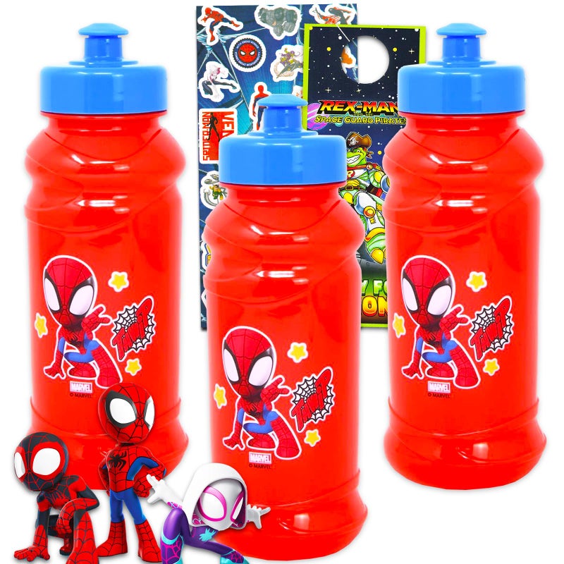 MARVEL Spidey and Friends Plastic Water Bottle for Boys and Girls 3pc Spiderman Travel Bundle with Reusable Water Bottle For Home School and Sports Spiderman Stickers and More