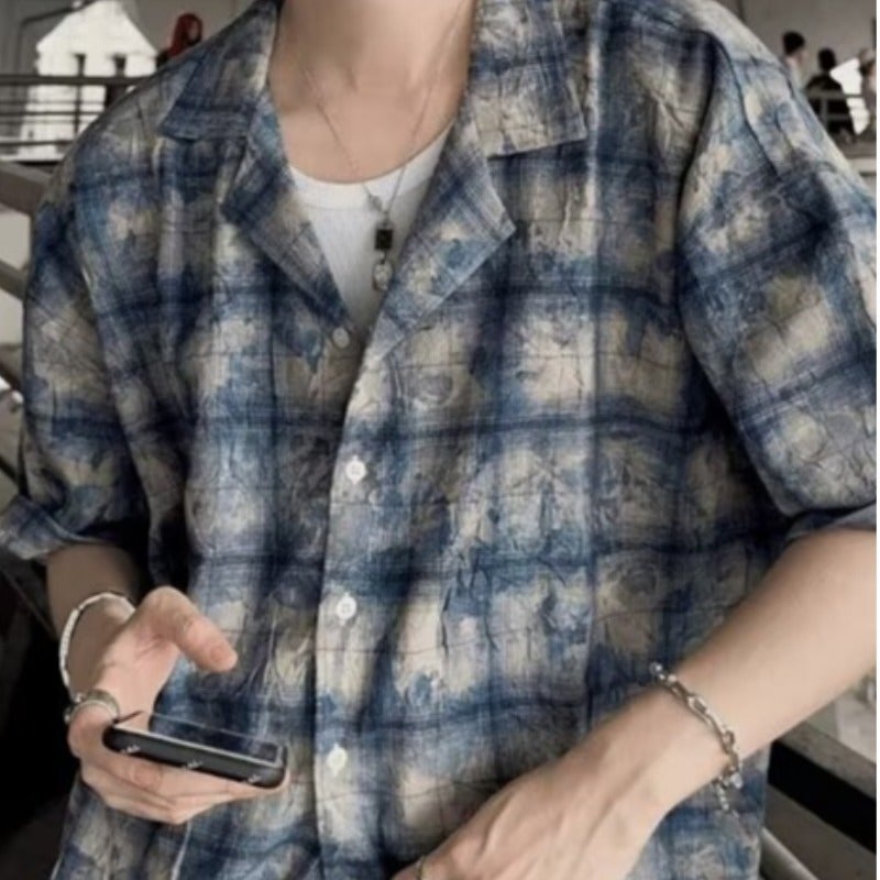 Retro Embroidered Wrinkled Tie-Dye Short-Sleeved Shirt Mens College Style Navy Blue Plaid Summer Cardigan Outerwear Picture color
