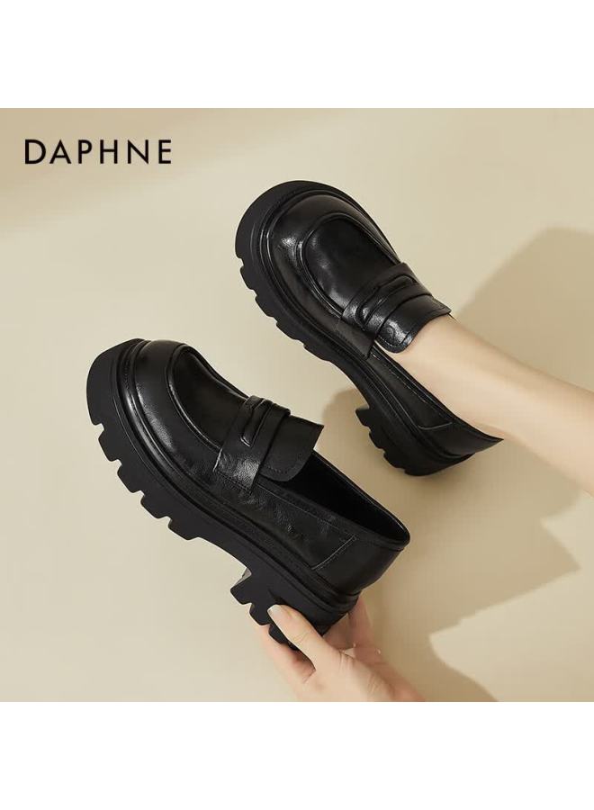 Daphne Women's Loafers With Chunky High Heels, British Style Round Toe Slip-on Black Leather Shoes For Commuting And Single Shoes, Black, Size 40 - Image 5