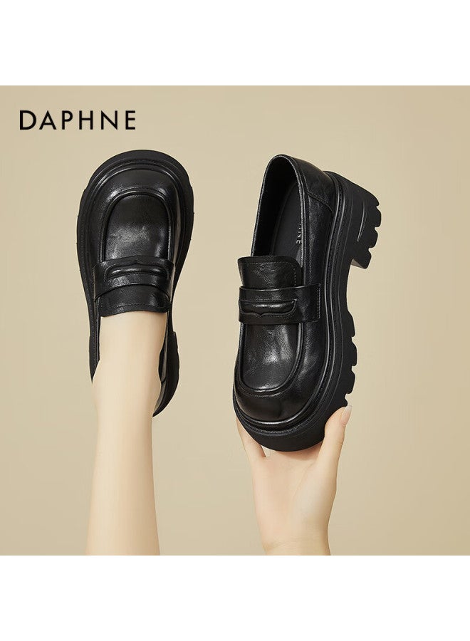 Daphne Women's Loafers With Chunky High Heels, British Style Round Toe Slip-on Black Leather Shoes For Commuting And Single Shoes, Black, Size 40 - Image 1