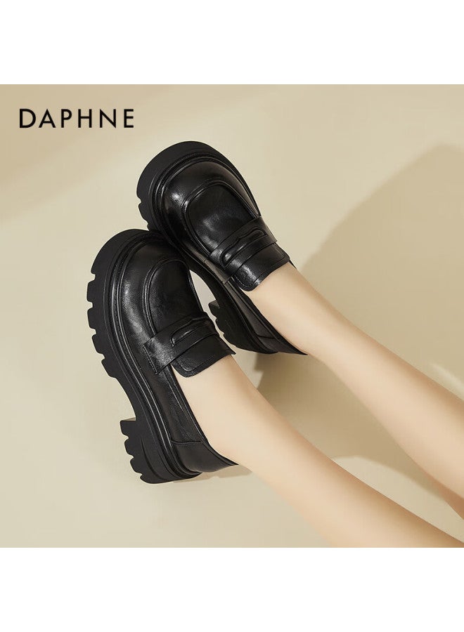 Daphne Women's Loafers With Chunky High Heels, British Style Round Toe Slip-on Black Leather Shoes For Commuting And Single Shoes, Black, Size 40 - Image 2