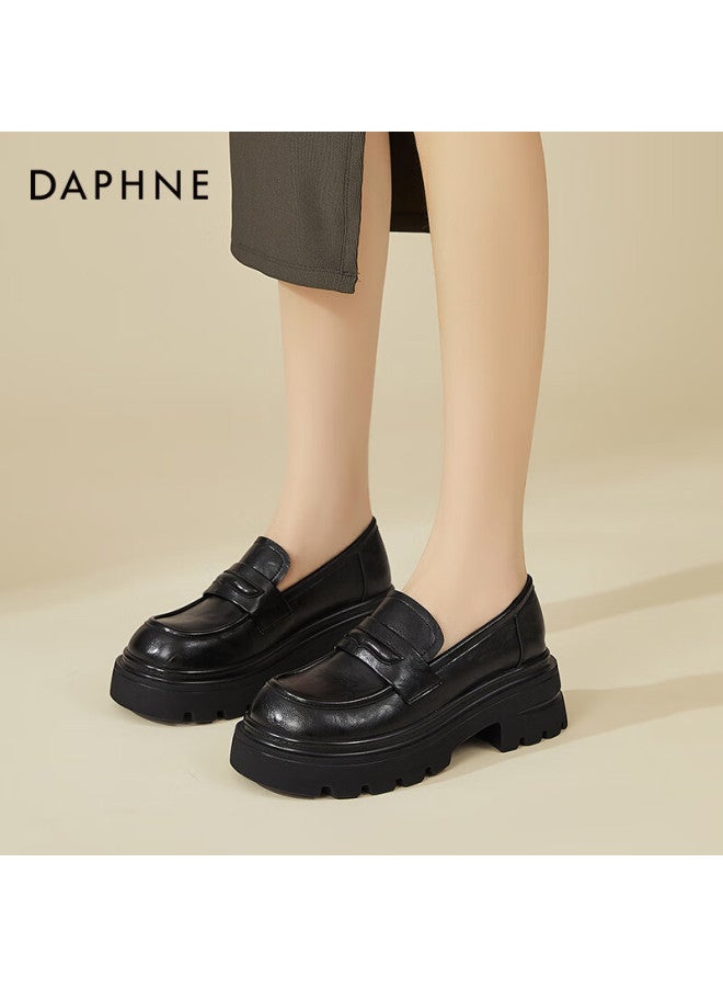 Daphne Women's Loafers With Chunky High Heels, British Style Round Toe Slip-on Black Leather Shoes For Commuting And Single Shoes, Black, Size 40 - Image 3