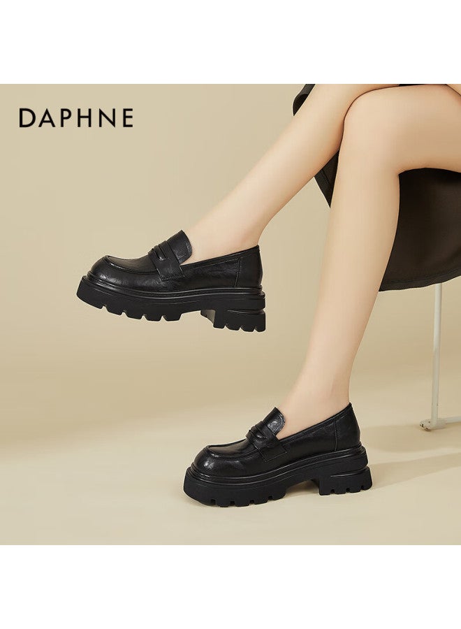 Daphne Women's Loafers With Chunky High Heels, British Style Round Toe Slip-on Black Leather Shoes For Commuting And Single Shoes, Black, Size 40 - Image 4