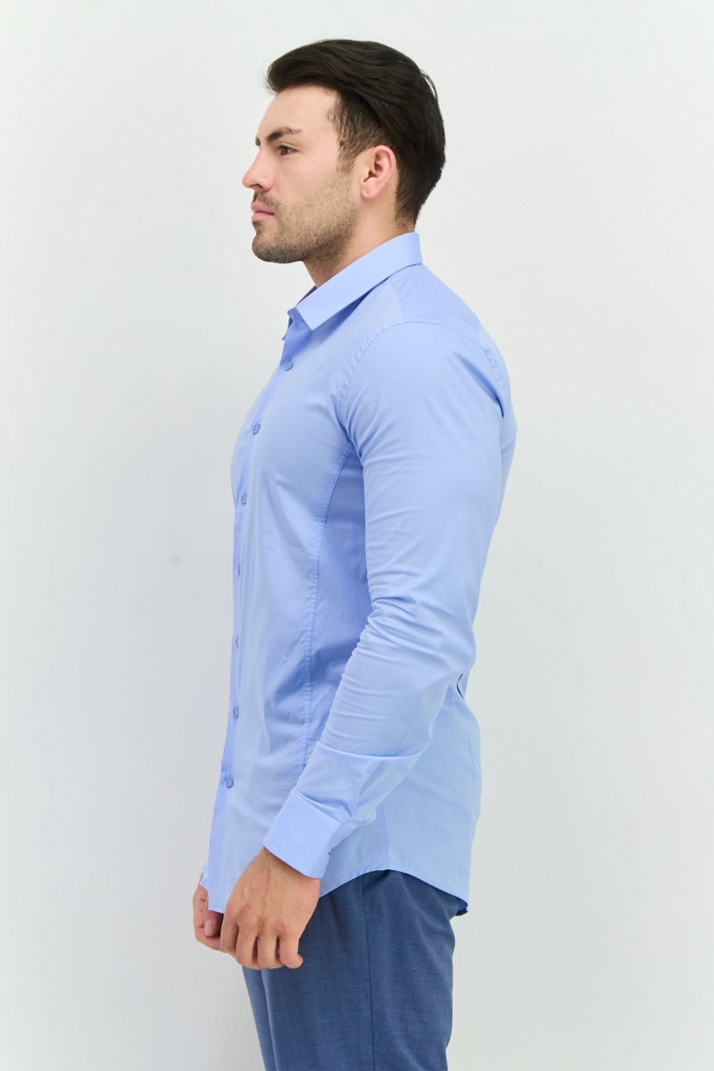 Sorbino Men Stretch Long Sleeve Plain Casual Shirt, Light Blue - Image 2