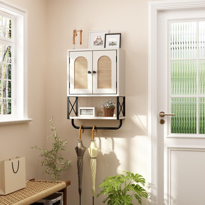 RUSTOWN Rattan Bathroom Wall Cabinet, Boho Over The Toilet Storage Cabinet with Arched Rattan Doors, Modern Medicine Cabinet with Adjustable Shelves & Towel Bar(Vintage White,Small) - Image 5