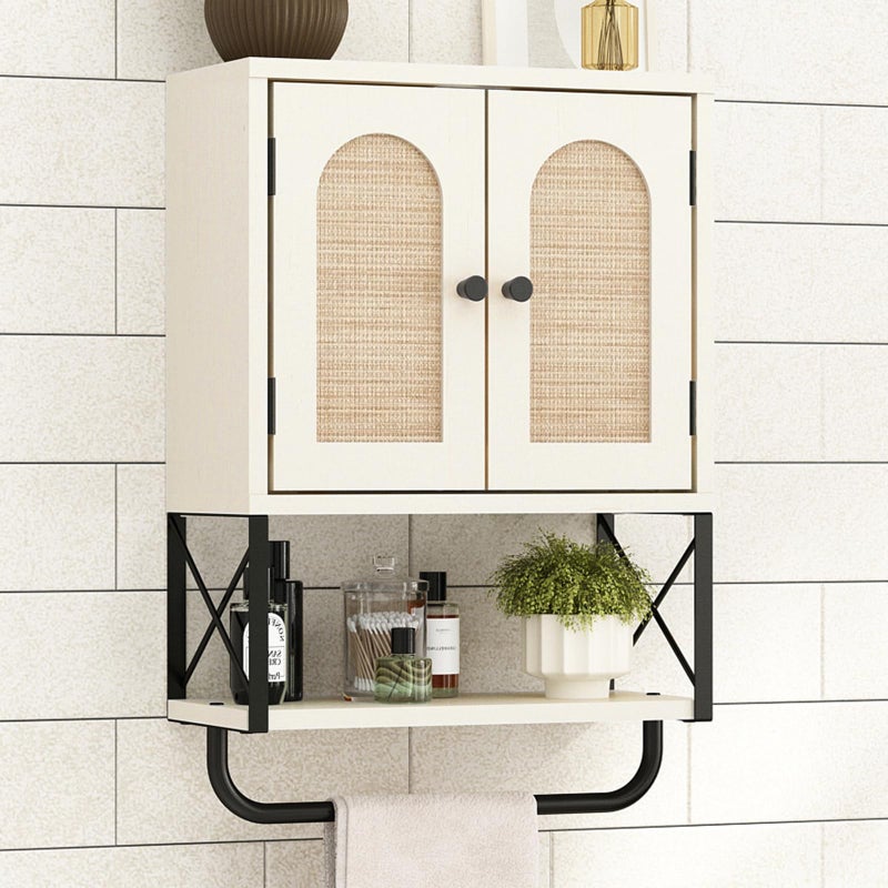 RUSTOWN Rattan Bathroom Wall Cabinet, Boho Over The Toilet Storage Cabinet with Arched Rattan Doors, Modern Medicine Cabinet with Adjustable Shelves & Towel Bar(Vintage White,Small) - Image 1