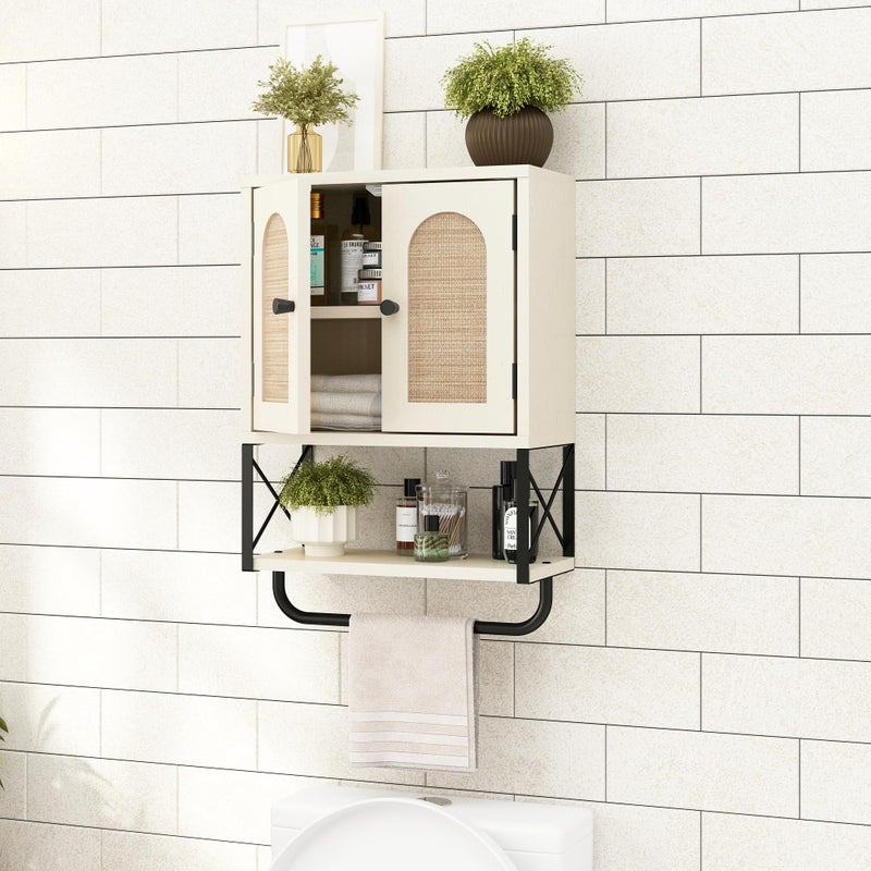 RUSTOWN Rattan Bathroom Wall Cabinet, Boho Over The Toilet Storage Cabinet with Arched Rattan Doors, Modern Medicine Cabinet with Adjustable Shelves & Towel Bar(Vintage White,Small) - Image 4