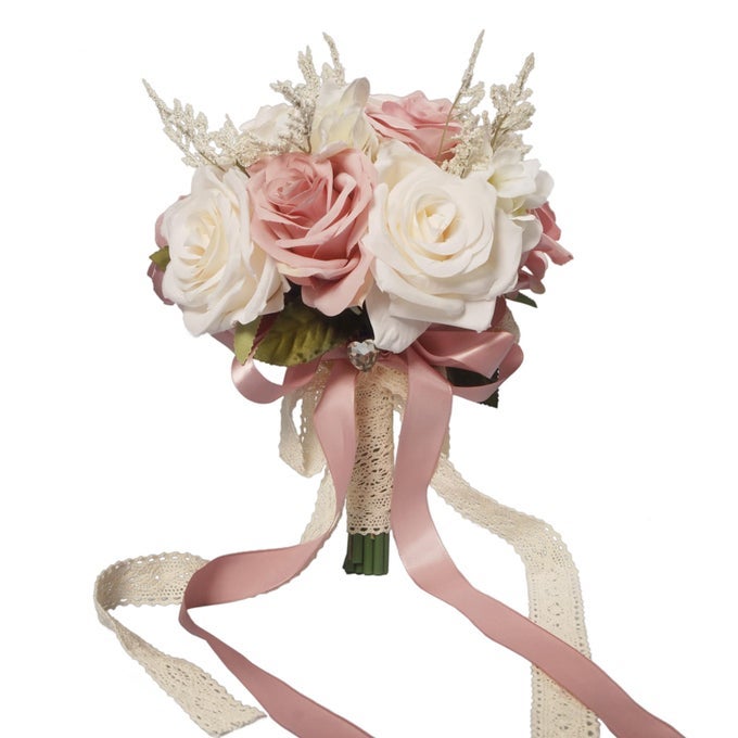 WEDDING BOUQUETS FOR BRIDE CHAMPAGNE WHITE PINK BRIDAL BRIDESMAID WEDDING FLOWERS ARTIFICIAL TOSS ROSE FOR CIVIL CEREMONY HOLLOW LACE RIBBON HANDLE