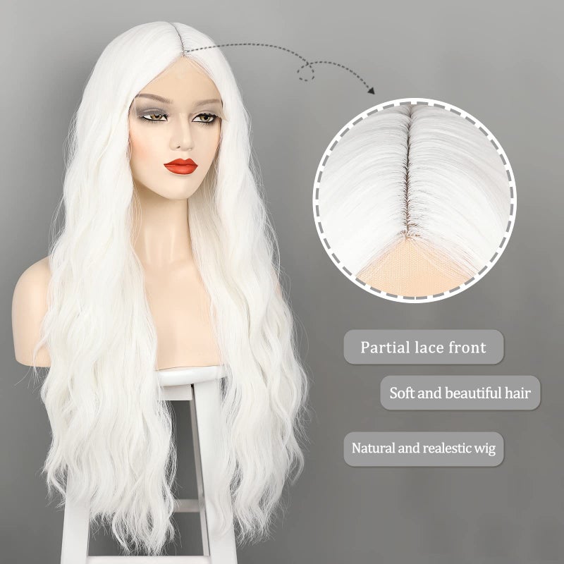 WECAN Long White Wigs for Women, 28 Inches Wavy Lace Heat Synthetic Middle Part Natural Looking Silky Wig for Daily Use, Halloween & Cosplay - Image 3