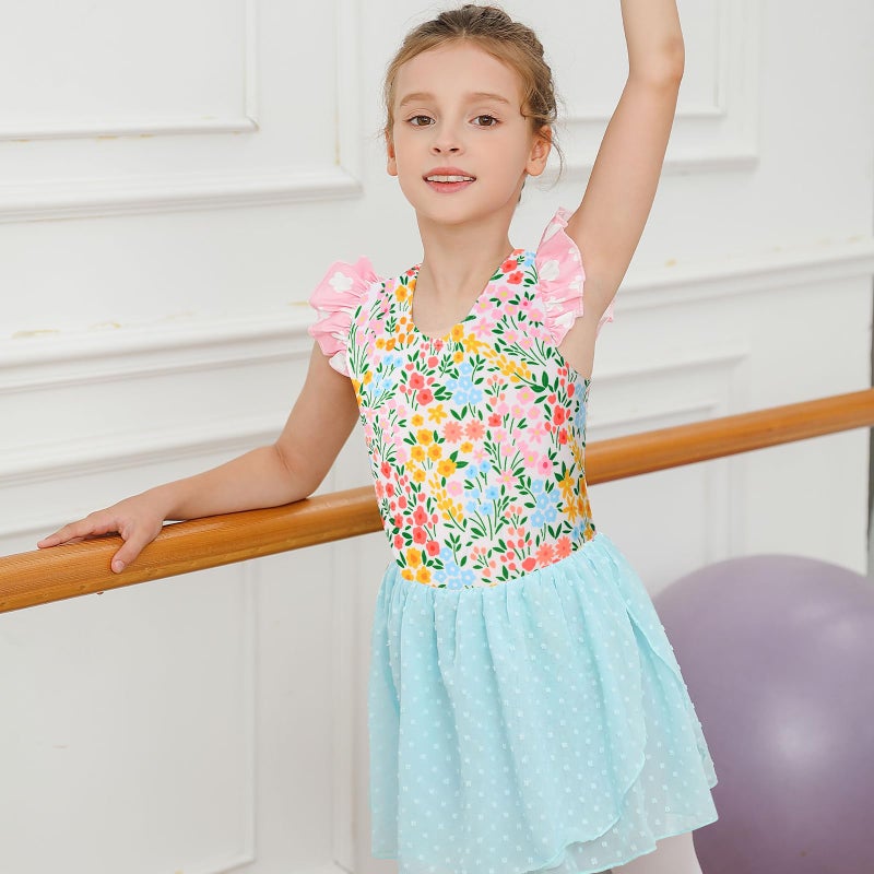 Funnycokid Ballet Leotard for Girls Dance Leotards with Skirt Toddler 5T Ruffle Sleeve Ballerina Outfit Size 5 - Image 5