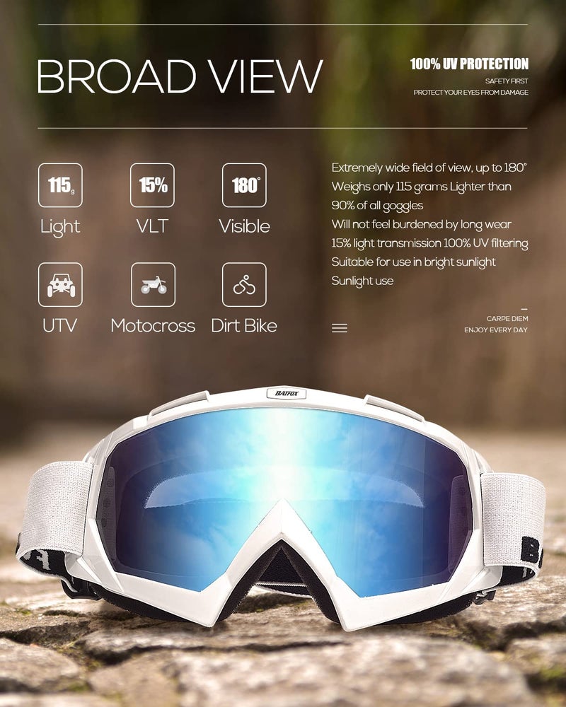 BATFOX Motorcycle ATV Goggles Dirt Bike Motocross Safety ATV Tactical Riding Motorbike Glasses Goggles for Men Women Youth Fit Over Glasses UV400 Protection Shatterproof (blue/white black) - Image 5