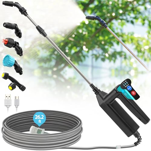VAXMAY Battery Powered Sprayer Wand 32 Inch Garden Sprayer Telescopic Wand with 3 Adjustable Speeds Battery Indicator 262 FT Hose 74V Rechargeable Water Sprayer Wand with 4 Adjustable Nozzles Filter - Image 1