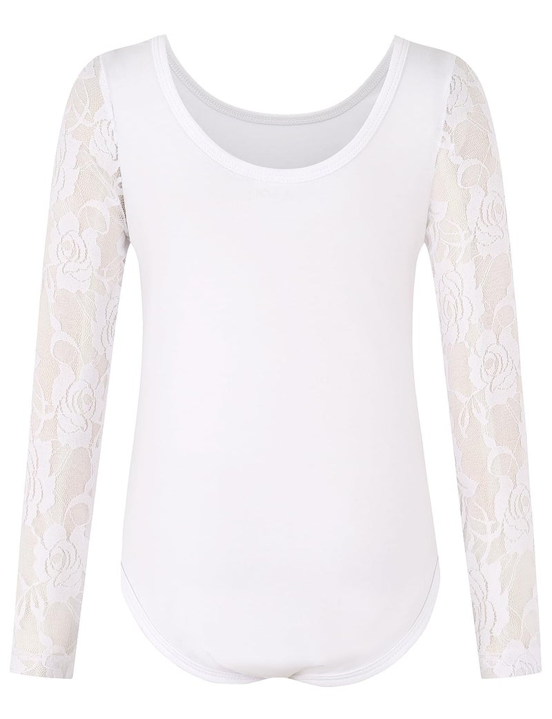 Noomelfish Girls Lace Long Sleeve Dance Leotard Toddler Mesh Ballet Bodysuit Gymnastics Outfits, White, size 11-12 Years - Image 2