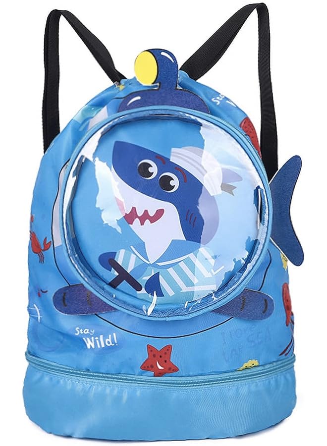 PROMASS Dry Wet Separated Swim Bags, Backpack Bag Waterproof Beach Pack With Shoe Compartment, Kid Swim Shark Drawstring Bag For Boys Teener Camping Hiking Swimming (Blue) - Image 1