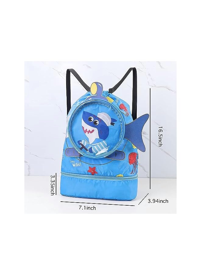 PROMASS Dry Wet Separated Swim Bags, Backpack Bag Waterproof Beach Pack With Shoe Compartment, Kid Swim Shark Drawstring Bag For Boys Teener Camping Hiking Swimming (Blue) - Image 5