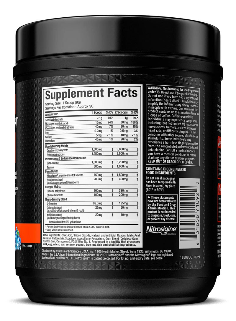 MuscleTech Vapor X5 Pre-Workout Explosive Energy & Performance, Research-Backed Key Ingredients | Increase Strength & Lean Muscle - 3.2g Beta-Alanine - 3g Creatine Monohydrate - 2.5g Betaine - 1.5g Nitrosigine - Blue Razz Freeze Natural & Artificial Flavors - Dietary Supplement - Net Wt 9.40 oz (266g) - Image 2