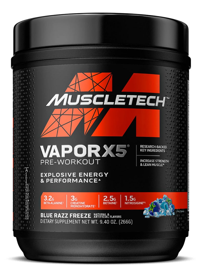 MuscleTech Vapor X5 Pre-Workout Explosive Energy & Performance, Research-Backed Key Ingredients | Increase Strength & Lean Muscle - 3.2g Beta-Alanine - 3g Creatine Monohydrate - 2.5g Betaine - 1.5g Nitrosigine - Blue Razz Freeze Natural & Artificial Flavors - Dietary Supplement - Net Wt 9.40 oz (266g) - Image 1