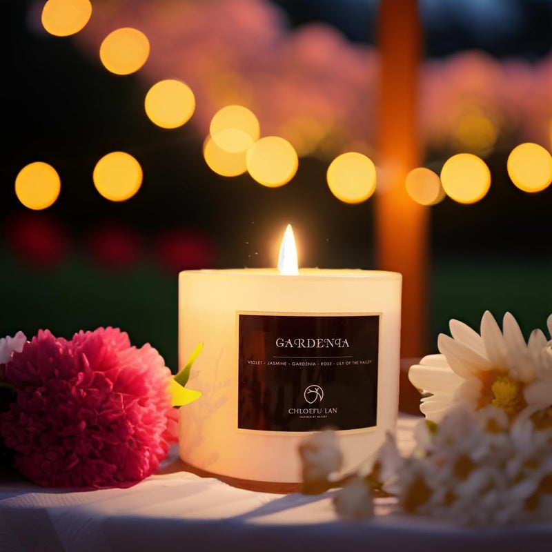 Chloefu LAN Premium Gardenia Scented Candle for Men & Women, Highly Scented, 7.1oz|45 Hour Long Lasting, Relaxing Aromatherapy All Natural Soy Candle, Home Decor, White Glass Jar Candle with Gift Box - Image 4