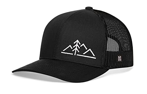 HAKA Mountains & Pine Tree (Modern) Black Trucker Hat – Nature Mesh Snapback Cap for Men, Women & Golf, Outdoors Baseball Dad Hat - Image 1