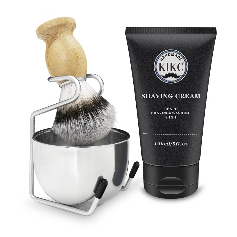 Kikc 5 in 1 Shaving Kit, Shaving Brush Kit for Men,Set Include Synthetic Shave Brush, Stainless Lathering Bowl, Shave Brush Stand, Shaving Cream, Shave Manual, Best Gift for Bearded Man,Silvery Set - Image 1