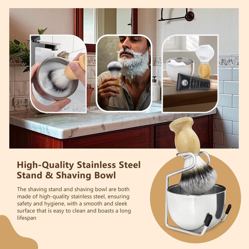 Kikc 5 in 1 Shaving Kit, Shaving Brush Kit for Men,Set Include Synthetic Shave Brush, Stainless Lathering Bowl, Shave Brush Stand, Shaving Cream, Shave Manual, Best Gift for Bearded Man,Silvery Set - Image 3