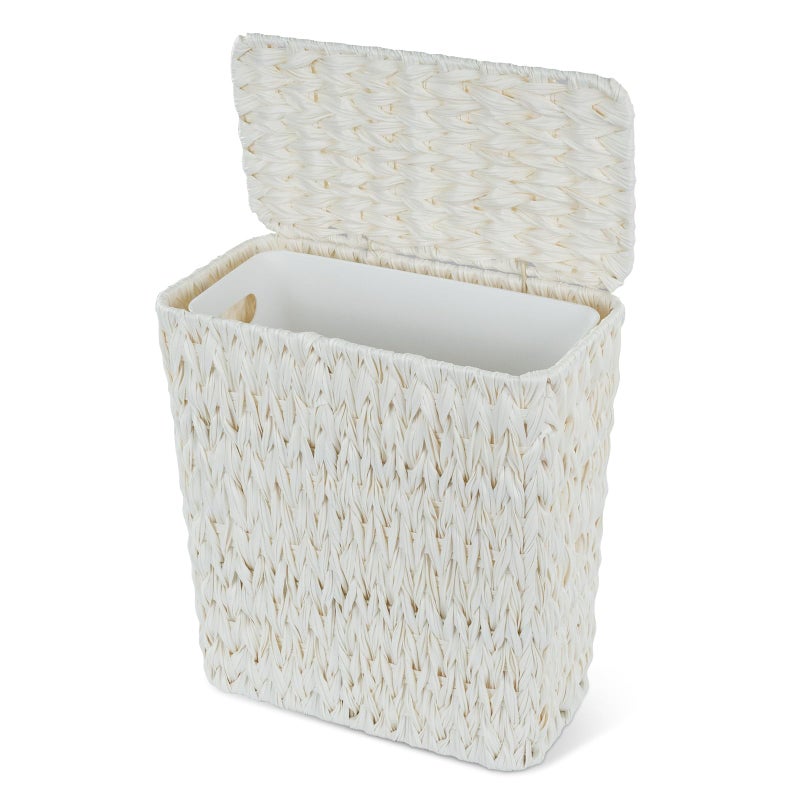 Coeusy Wicker Trash Can with Lid and Liner,Boho Decotative Small Bathroom Trash Cans,Waterproof Slim Waste Basket for Bedroom,Home Office,3 Gallon Cream White - Image 1