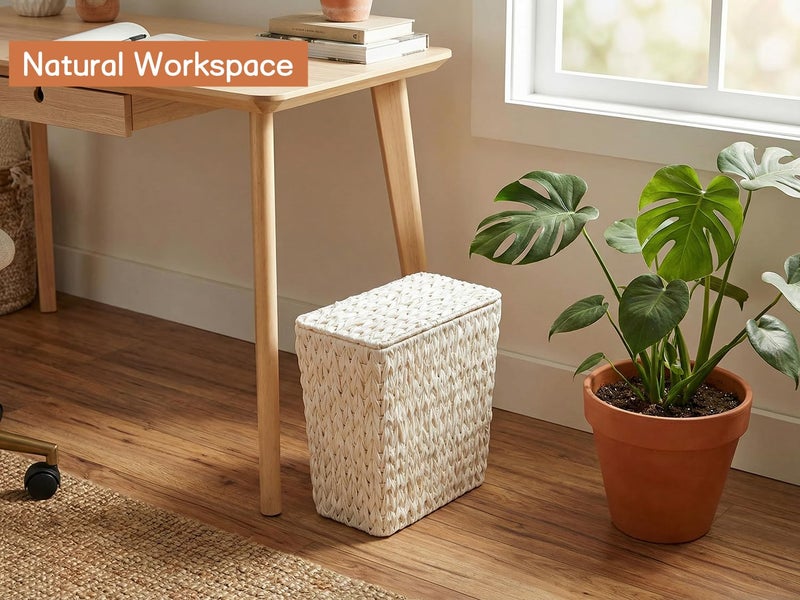 Coeusy Wicker Trash Can with Lid and Liner,Boho Decotative Small Bathroom Trash Cans,Waterproof Slim Waste Basket for Bedroom,Home Office,3 Gallon Cream White - Image 5