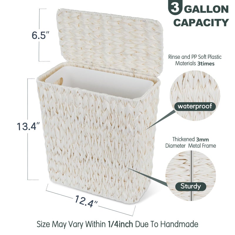 Coeusy Wicker Trash Can with Lid and Liner,Boho Decotative Small Bathroom Trash Cans,Waterproof Slim Waste Basket for Bedroom,Home Office,3 Gallon Cream White - Image 4