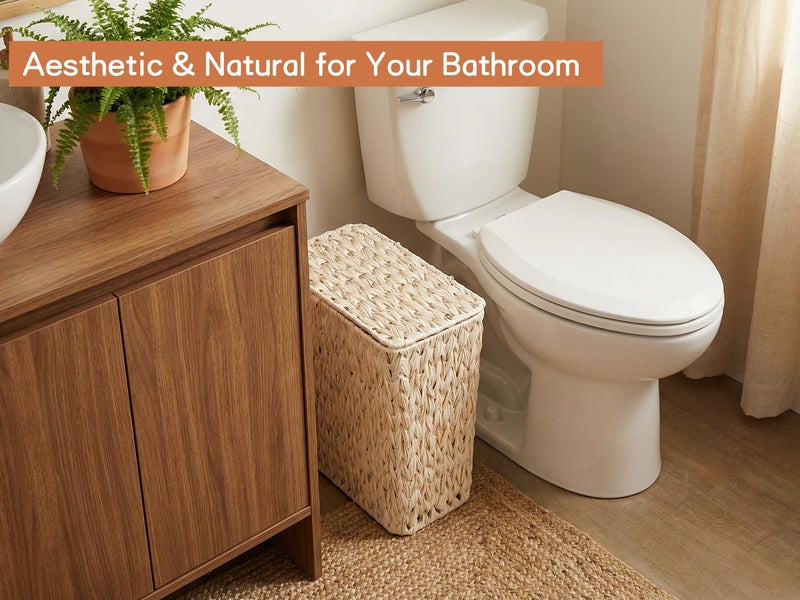 Coeusy Wicker Trash Can with Lid and Liner,Boho Decotative Small Bathroom Trash Cans,Waterproof Slim Waste Basket for Bedroom,Home Office,3 Gallon Cream White - Image 2