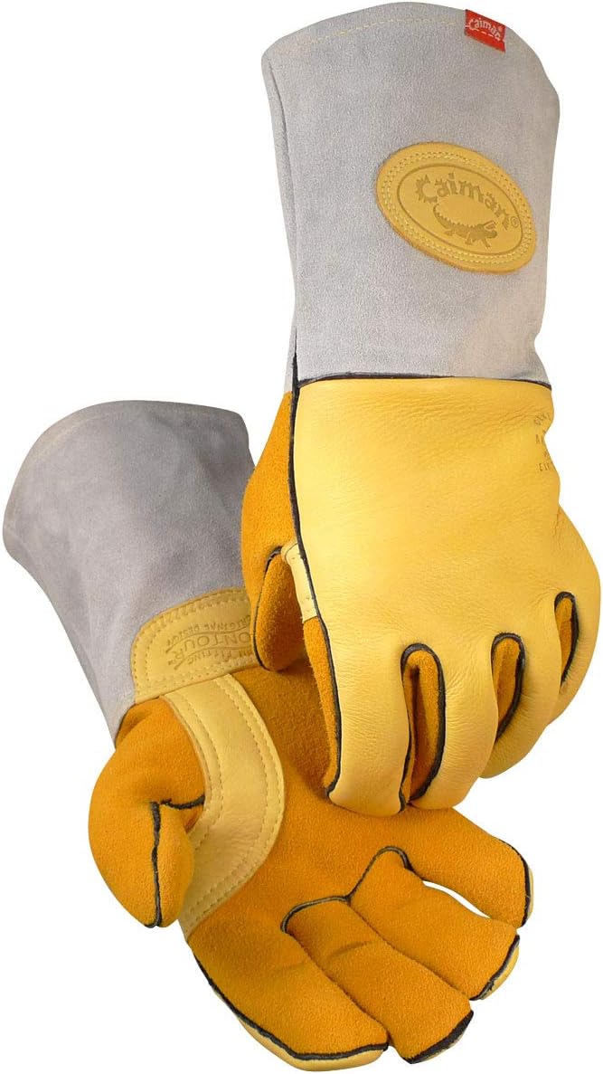 Caiman Elk Skin MIGStick Welding Gloves Flame Resistant Wool Lined Back Cowhide Cuff Kevlar Kontour Design GoldGray XLarge 14856 - Image 1