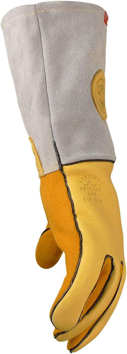 Caiman Elk Skin MIGStick Welding Gloves Flame Resistant Wool Lined Back Cowhide Cuff Kevlar Kontour Design GoldGray XLarge 14856 - Image 5