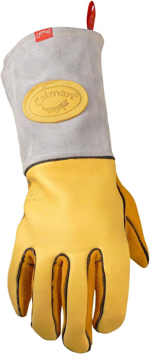 Caiman Elk Skin MIGStick Welding Gloves Flame Resistant Wool Lined Back Cowhide Cuff Kevlar Kontour Design GoldGray XLarge 14856 - Image 2