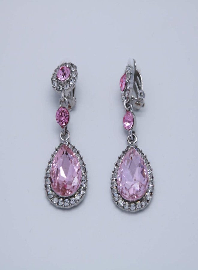 YINLI Gorgeous Austrian Pink Crystal Rhinestone Clip on Earring Teardrop Dangle Earrings Wedding Bridal for Women (Clip on Pink) - Image 3