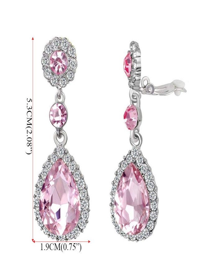 YINLI Gorgeous Austrian Pink Crystal Rhinestone Clip on Earring Teardrop Dangle Earrings Wedding Bridal for Women (Clip on Pink) - Image 4