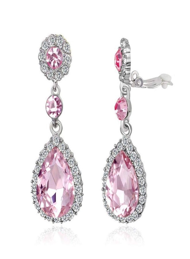 YINLI Gorgeous Austrian Pink Crystal Rhinestone Clip on Earring Teardrop Dangle Earrings Wedding Bridal for Women (Clip on Pink) - Image 1