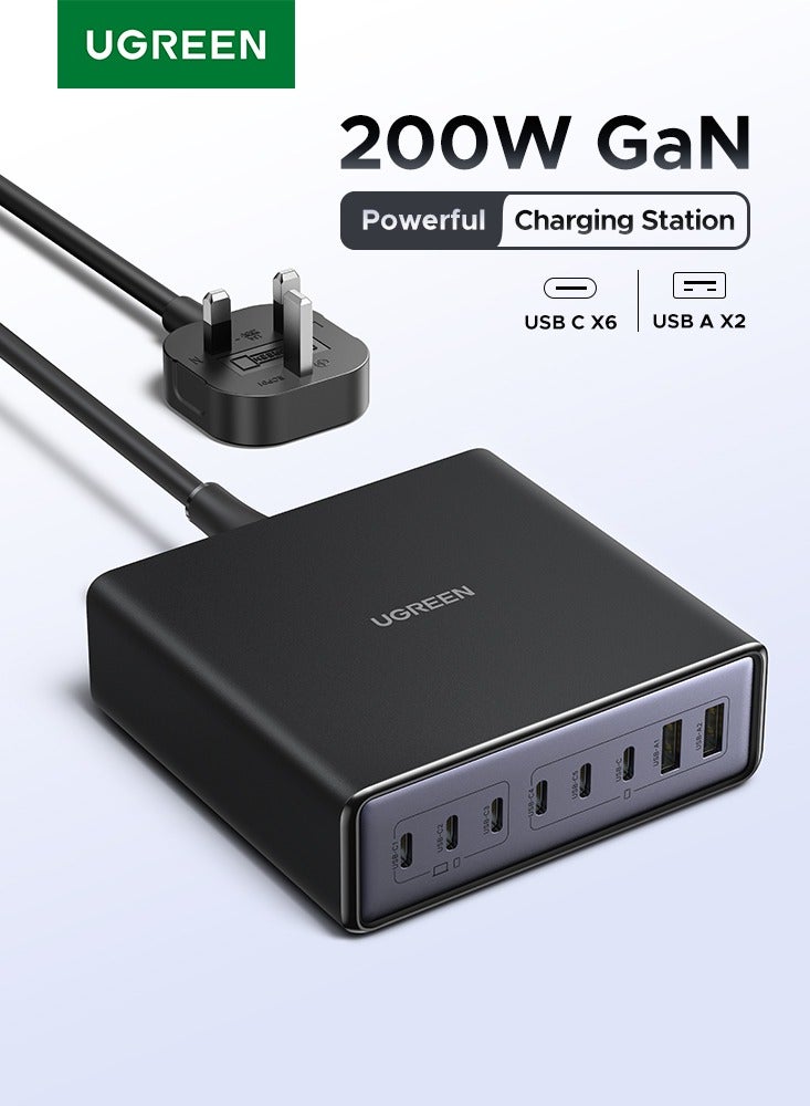 يو جرين محطة شحن مكتبية Nexode بقوة 200 واط بتقنية GaN، شاحن سريع بـ 8 منافذ USB-C (6 منافذ USB-C ومنفذان USB-A)، شاحن لابتوب بقوة 100 واط بتقنية PD3.0 PPS لأجهزة MacBook Pro/Air، وiPhone 17/16، وSamsung S25/S24 Ultra، وiPad Pro، وDell XPS، وHuawei - يتضمن حامل مكتبي، مناسب للاستخدام في المكتب والمنزل 200W 6C2A - Image 1
