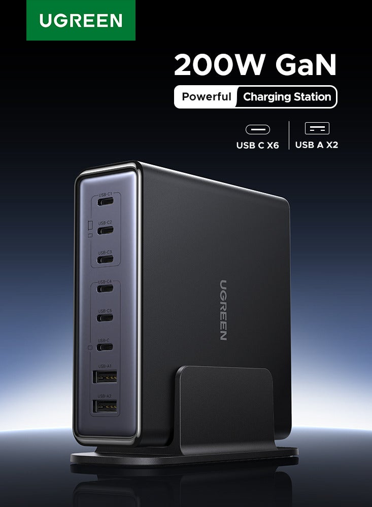 يو جرين محطة شحن مكتبية Nexode بقوة 200 واط بتقنية GaN، شاحن سريع بـ 8 منافذ USB-C (6 منافذ USB-C ومنفذان USB-A)، شاحن لابتوب بقوة 100 واط بتقنية PD3.0 PPS لأجهزة MacBook Pro/Air، وiPhone 17/16، وSamsung S25/S24 Ultra، وiPad Pro، وDell XPS، وHuawei - يتضمن حامل مكتبي، مناسب للاستخدام في المكتب والمنزل 200W 6C2A - Image 1