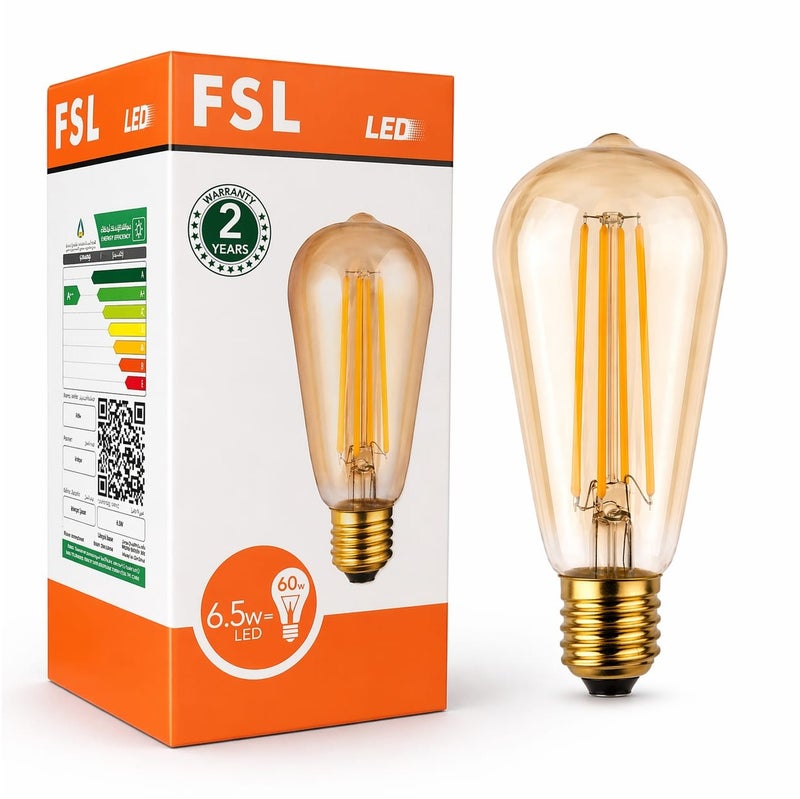 FSL LED Filament Bulb 6.5W (60W Equivalent) – Warm Light 2200K – E27 Base – Energy Saving up to 80% – 15000 Hours - Image 1