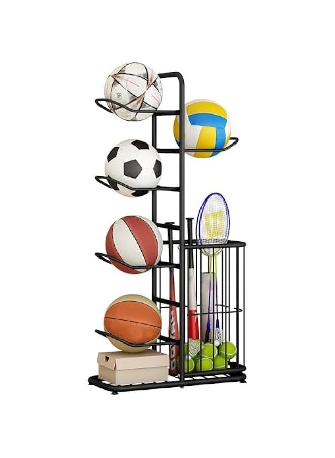 هوكور رف تخزين كرات من تراسل حامل كرة القدم مرآب الكرة الكرات المعدات الرياضية للمراب منظم السلة مع سلة الالعاب / في الاماكن المغلقة ستانلس ستيل أسود - Image 1