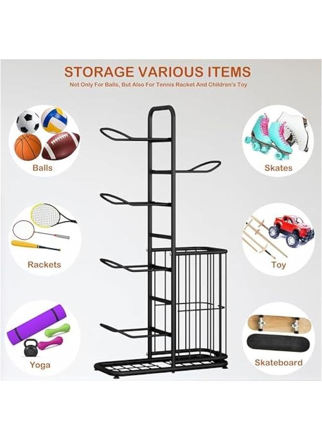 هوكور رف تخزين كرات من تراسل حامل كرة القدم مرآب الكرة الكرات المعدات الرياضية للمراب منظم السلة مع سلة الالعاب / في الاماكن المغلقة ستانلس ستيل أسود - Image 2