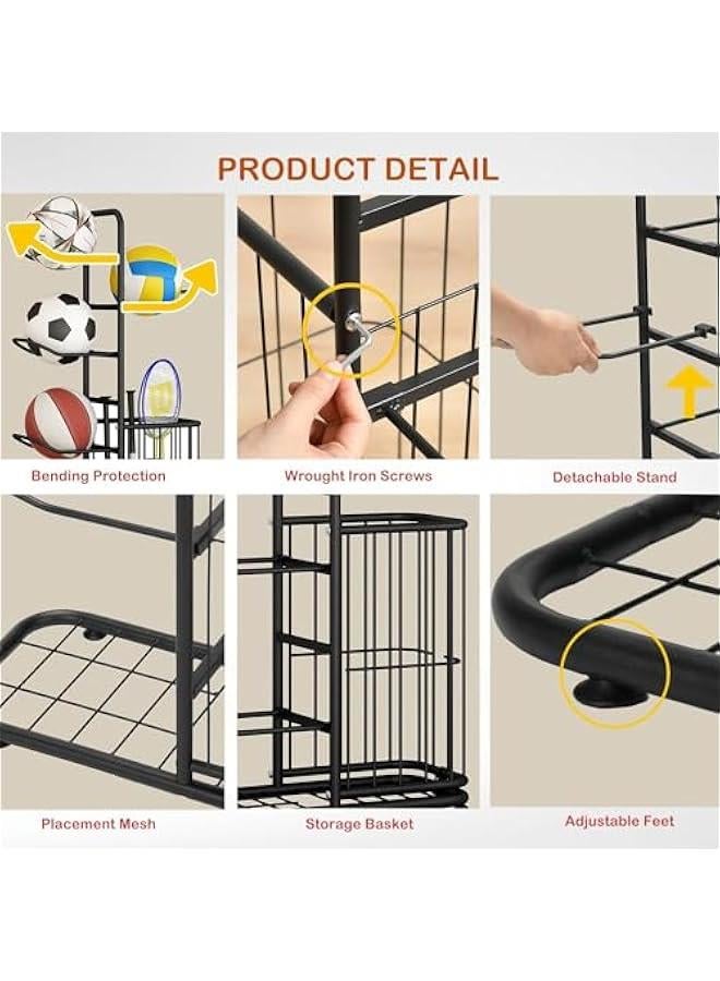 هوكور رف تخزين كرات من تراسل حامل كرة القدم مرآب الكرة الكرات المعدات الرياضية للمراب منظم السلة مع سلة الالعاب / في الاماكن المغلقة ستانلس ستيل أسود - Image 3
